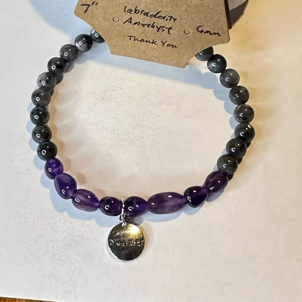 Labradorite Amethyst stretch bracelet Dreamer charm beads gemstone 7 inch